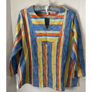LOGO Lori Goldstein Beach to Street Striped Cotton Tunic Top Blue Orange Large